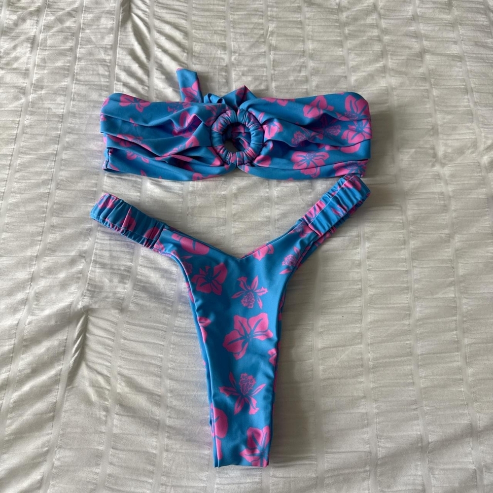 Blue & Pink Floral Bikini Set with Ring Detail